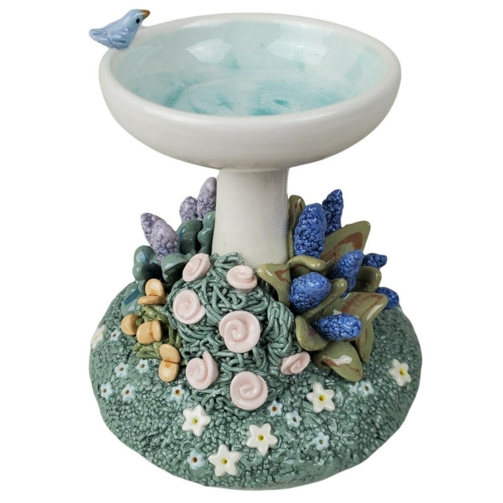 Nancy Helen Craemer Miniature Blue Bird Bath Pottery Jewelry Ring Holder Floral